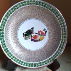 九谷大皿鴛鴦図大平鉢 幻の九谷作家河上龍三【手描き】【精緻】【小紋