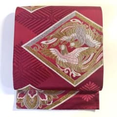 6k282 袋帯 唐織 正倉院文様 華文 鳳凰 赤 金色 銀色 ピンク 柄物