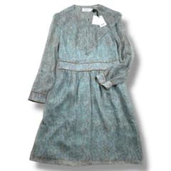 新品 COACH コーチ シルク100% シフォンワンピース 総柄 グリーン系