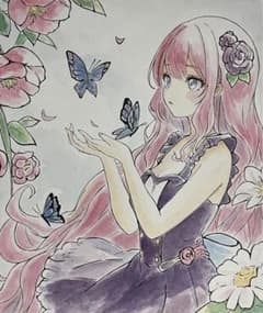 手描きイラスト オリジナル 水彩イラスト 花と少女14 （色紙イラスト