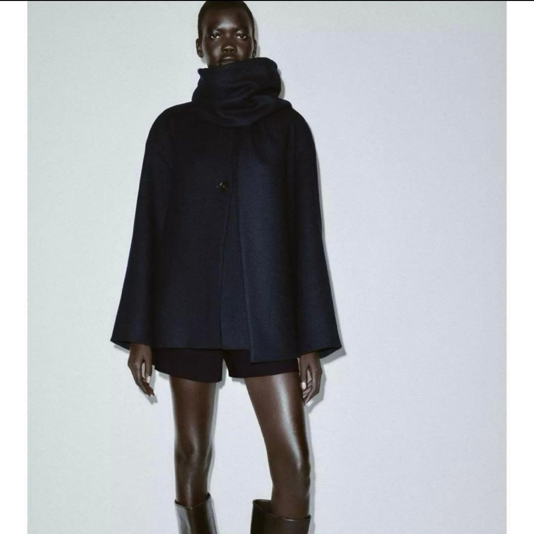 ZARA ウールショートスカーフコート ネイビー - メルカリ
