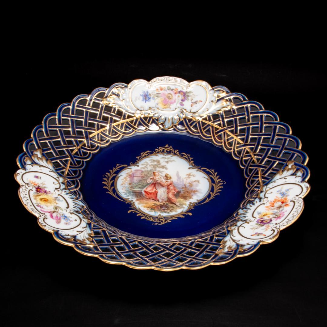 古マイセン 金彩 ワトー恋人文 コバルトロカイユ窓 透かし絵皿 直径