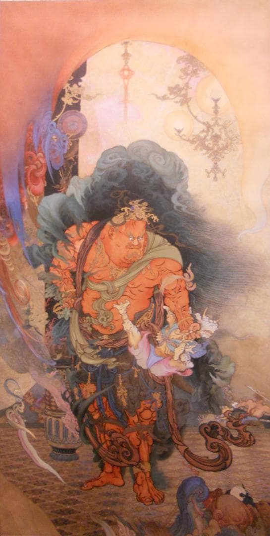 掛け軸 狩野芳崖 作『 仁王捉鬼図 』 絹本 名品 複製 希少 茶掛 掛軸 美品 掛け軸 狩野芳崖 作『 仁王捉鬼図 』 絹本 名品 複製 希少 茶掛 掛軸