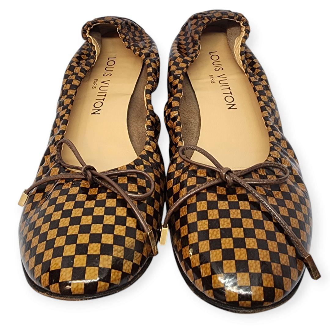 ルイヴィトン ダミエ 本革 パテントレザー リボン バレエシューズ 23.5cm