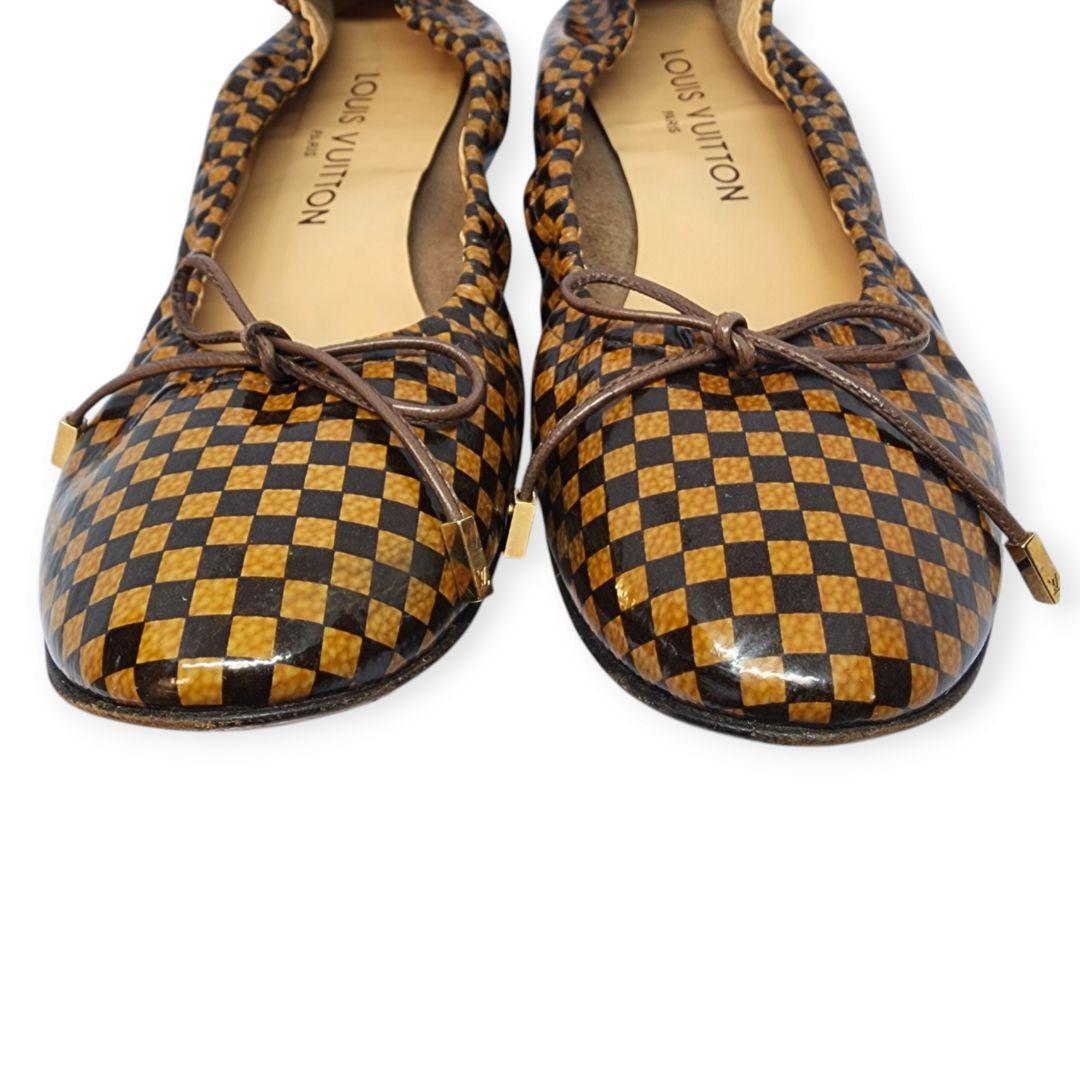 ルイヴィトン ダミエ 本革 パテントレザー リボン バレエシューズ 23.5cm