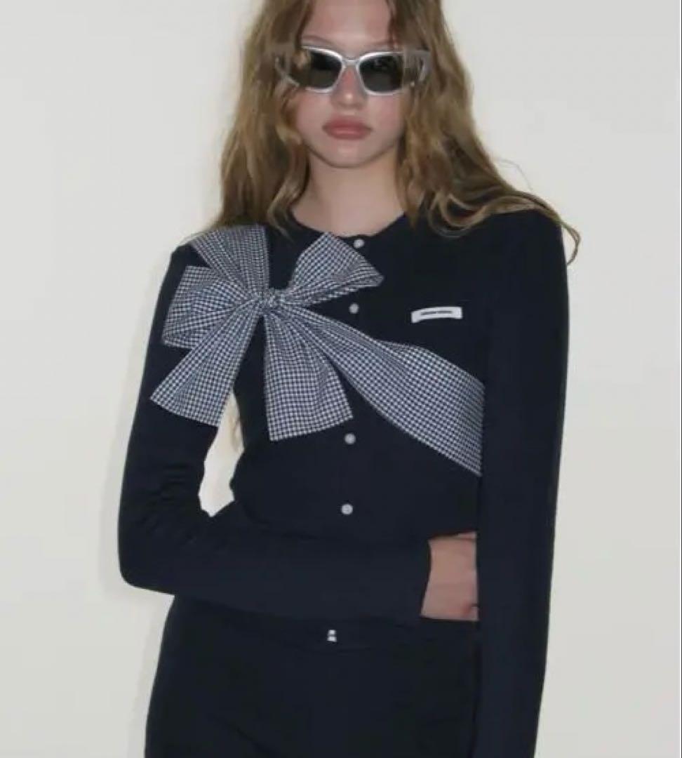 リボン付きネイビー長袖カーディガン crank twice ミナ着用 韓国