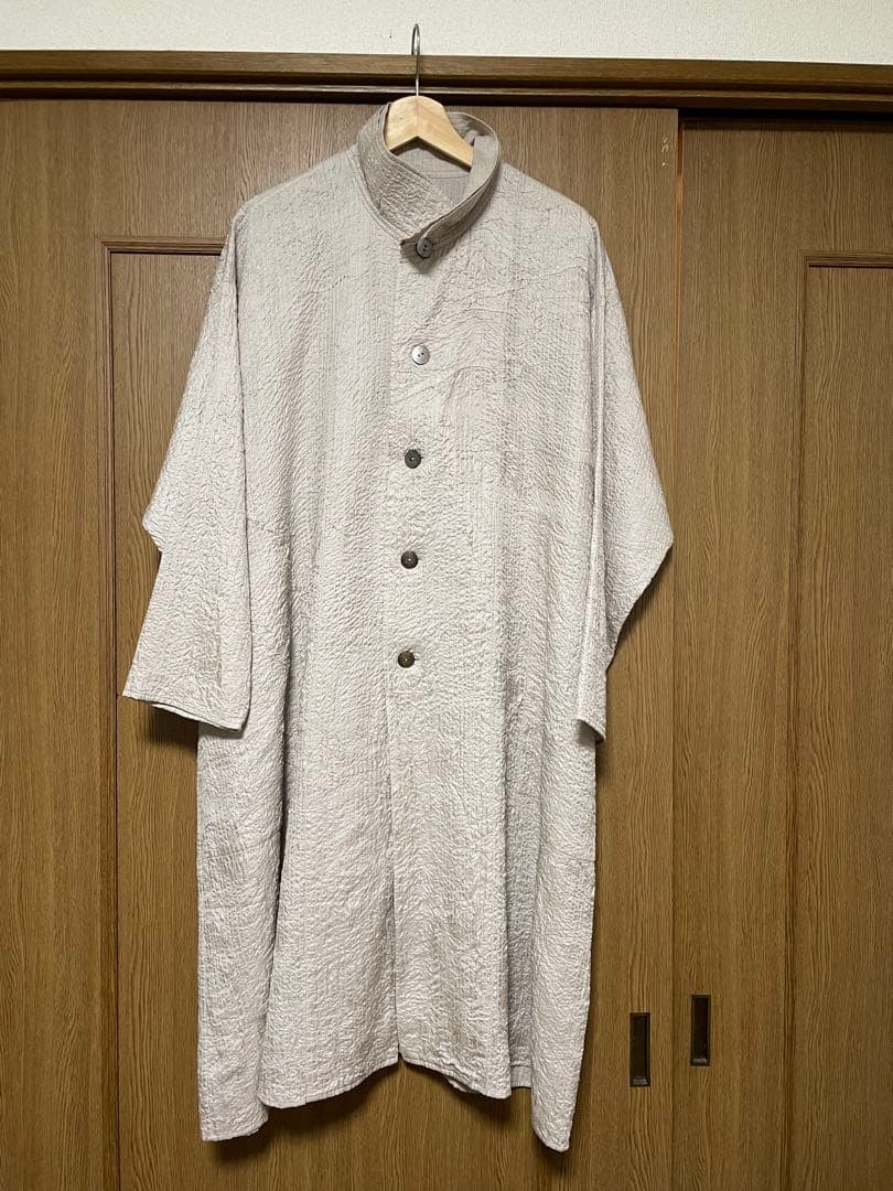 【未使用】ヨーガンレール 綿シルクロングジャケット しぼ加工 グレーベージュ ヨーガンレール JURGEN LEHL シルク ダウンコート チャイナボタン