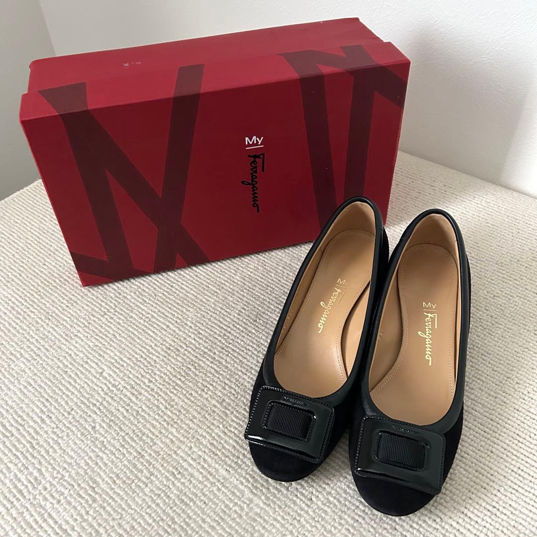 フェラガモ パンプス ローヒール スエード 黒 23.5cm