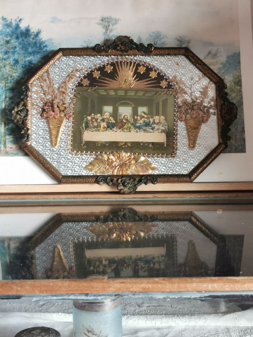 アンティーク 最後の晩餐 ドームガラス ドライフラワー オルモル装飾風