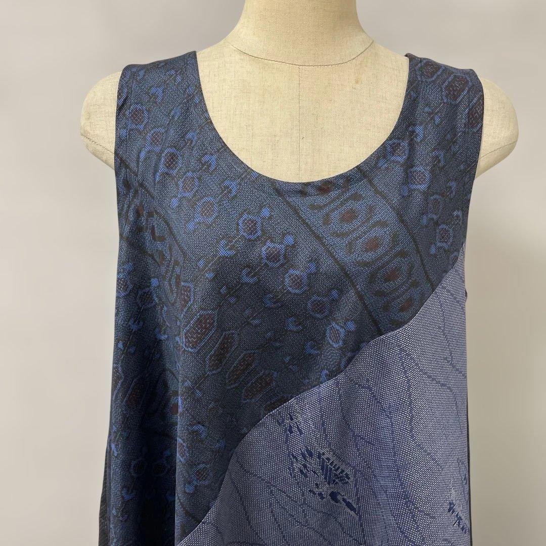 着物ワンピーステントラインロング丈《13》大島紬(証紙付き)等L〜［紺系］