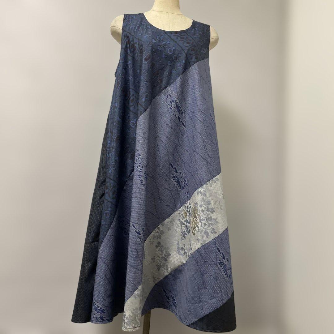 着物ワンピーステントラインロング丈《13》大島紬(証紙付き)等L〜［紺系］