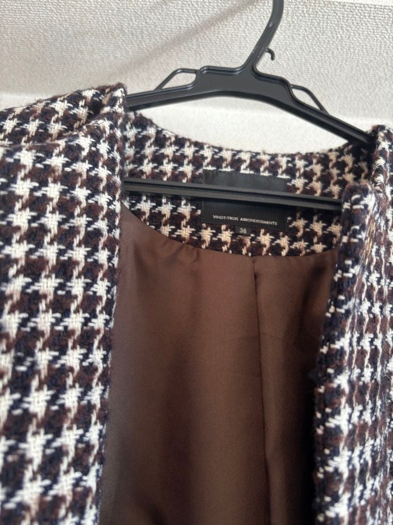 23区 千鳥格子 ノーカラーロングコート - メルカリ