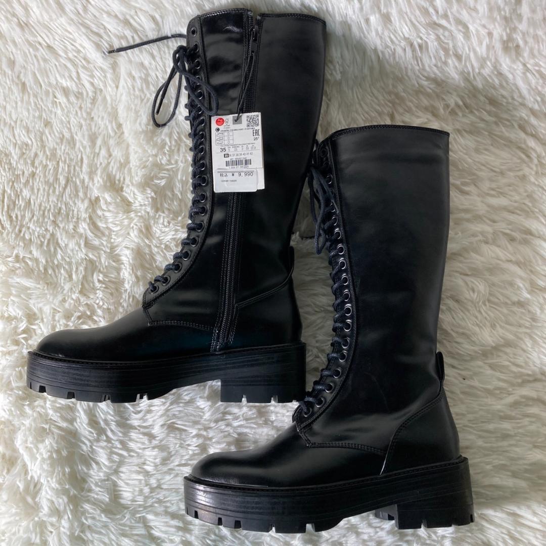 未使用タグ付き ZARA ザラ ロングブーツ レースアップ サイドジップ 23