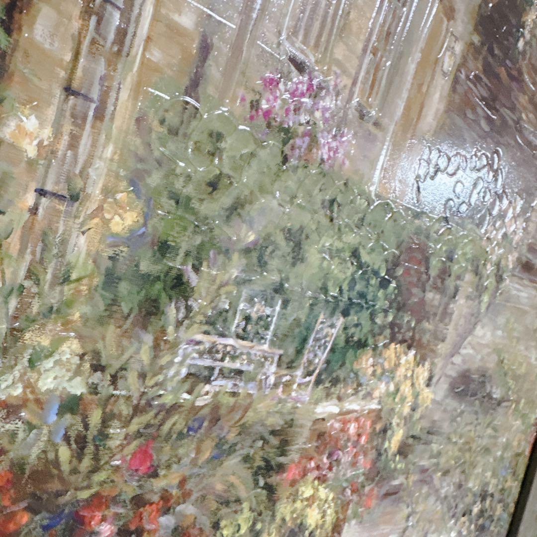 美品】ロンゴ『パティオガーデン 階段と花壇』風景画 額装 大型 縦76×横