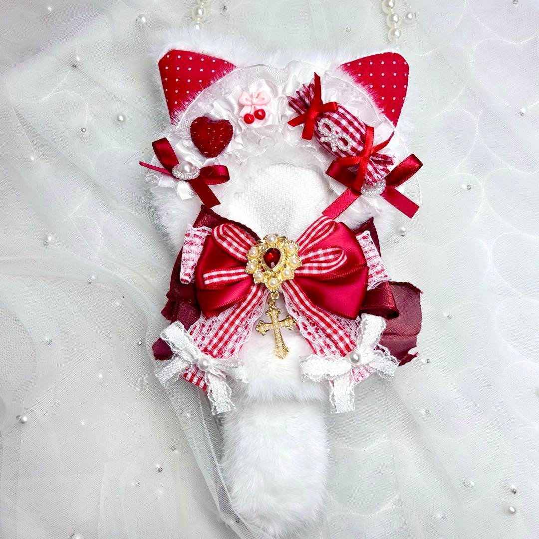 10cm ちびぐるみ ぬい服 白赤ネコちゃん にじぱぺっと しっぽ付き #54