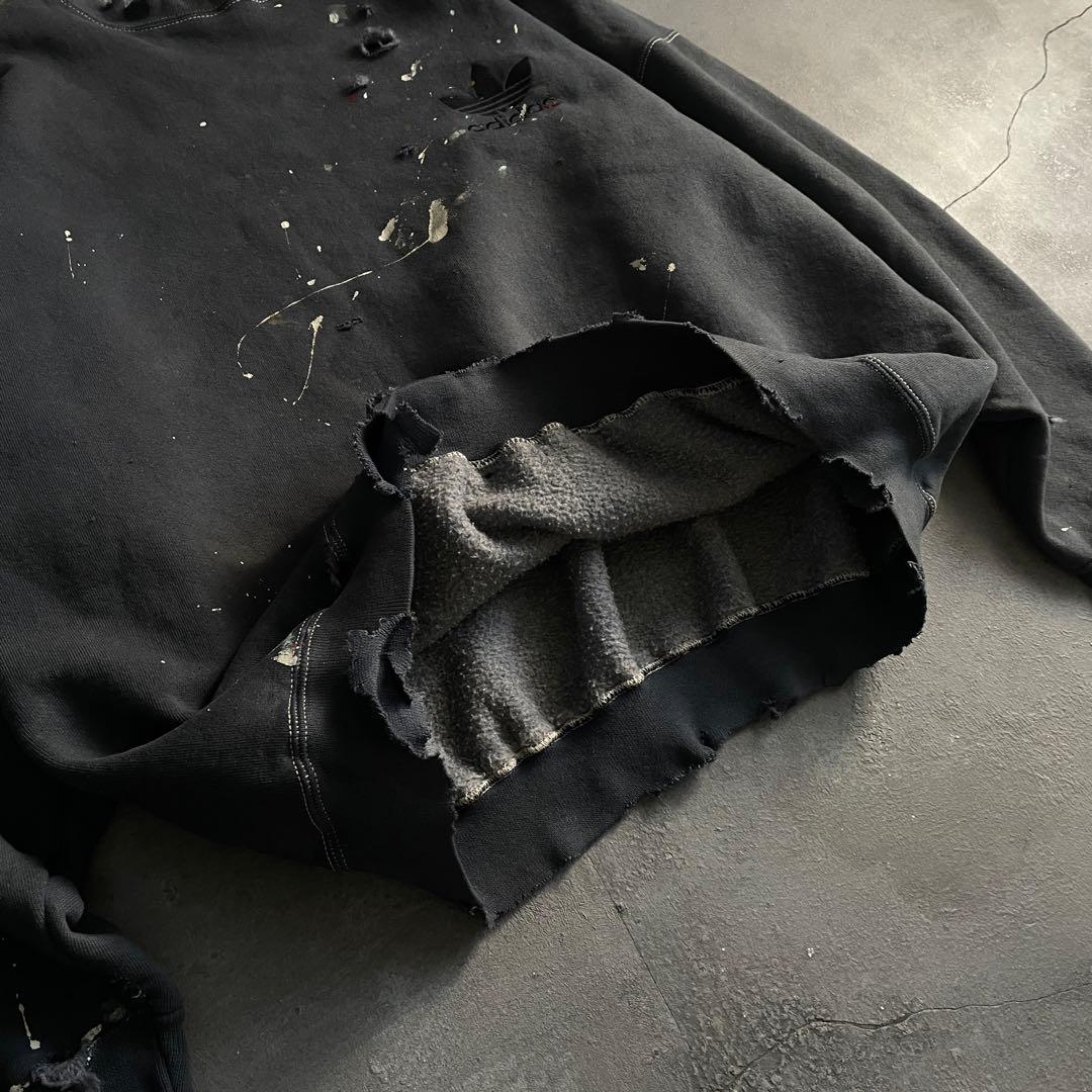 80s 万国旗“adidas”墨黒“XL“USA製“ペンキ”boro sweat
