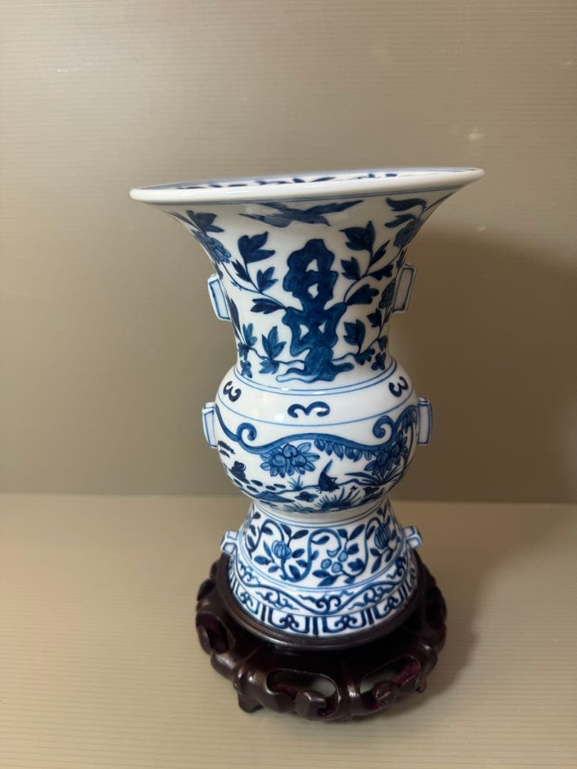 2903 中国骨董 大明萬暦年製銘 染付唐草青花 花瓶 花台付 時代物