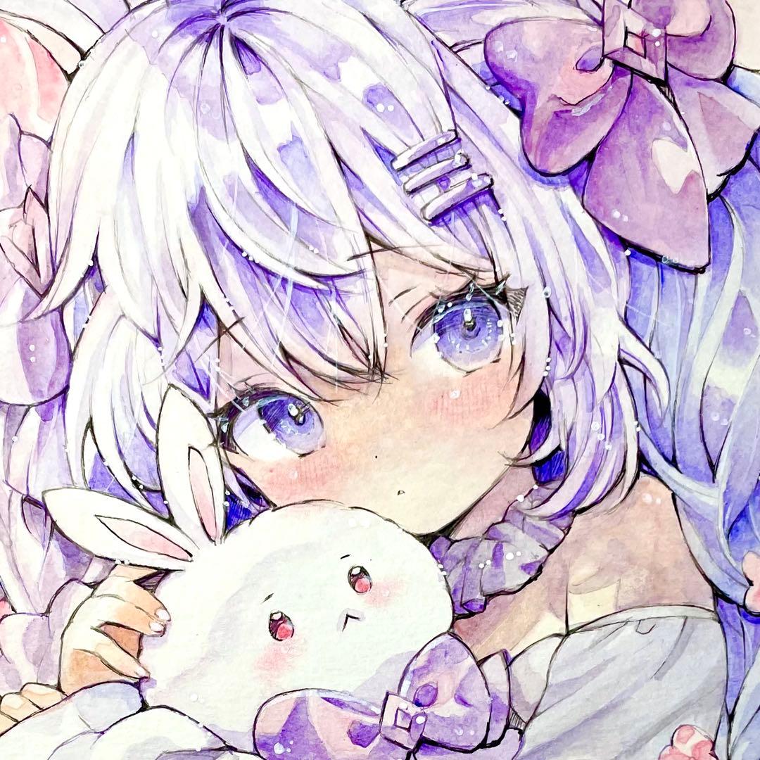 く*み様 ♡ オリジナル　手描きイラスト　紫うさぎさん　Ａ４ アナログイラスト 見ちゃダメー！」 #うさぎのイラスト #ウサギのイラスト #うさぎの絵