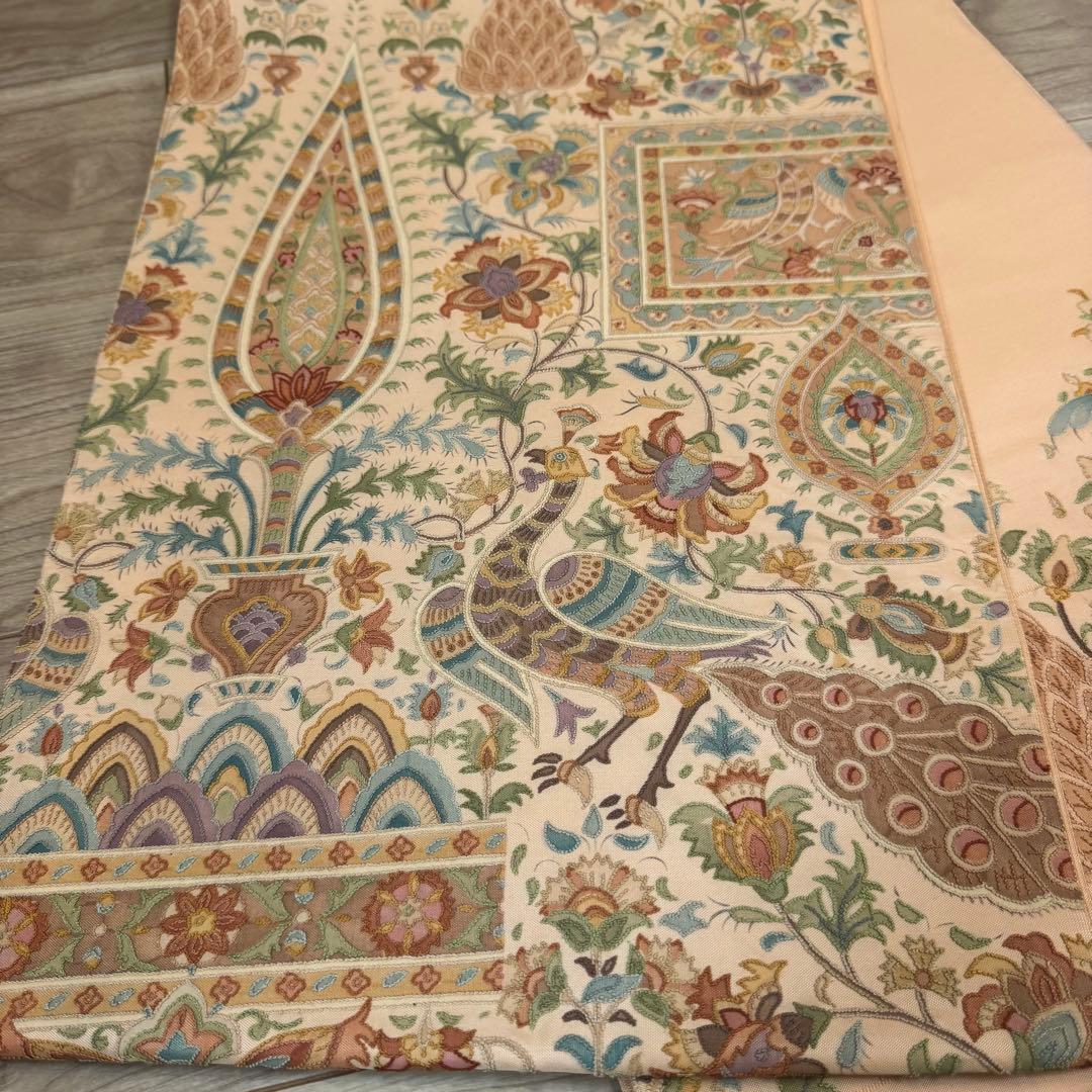 超美品 袋帯 正絹 現代 着物 ボタニカル 中国刺繍 相良刺繍 オレンジ