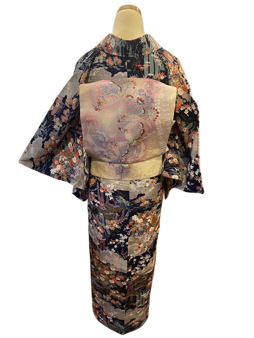 未使用小紋 御所車風景花紋 金彩入り 身丈裄長 正絹 おしゃれ着に