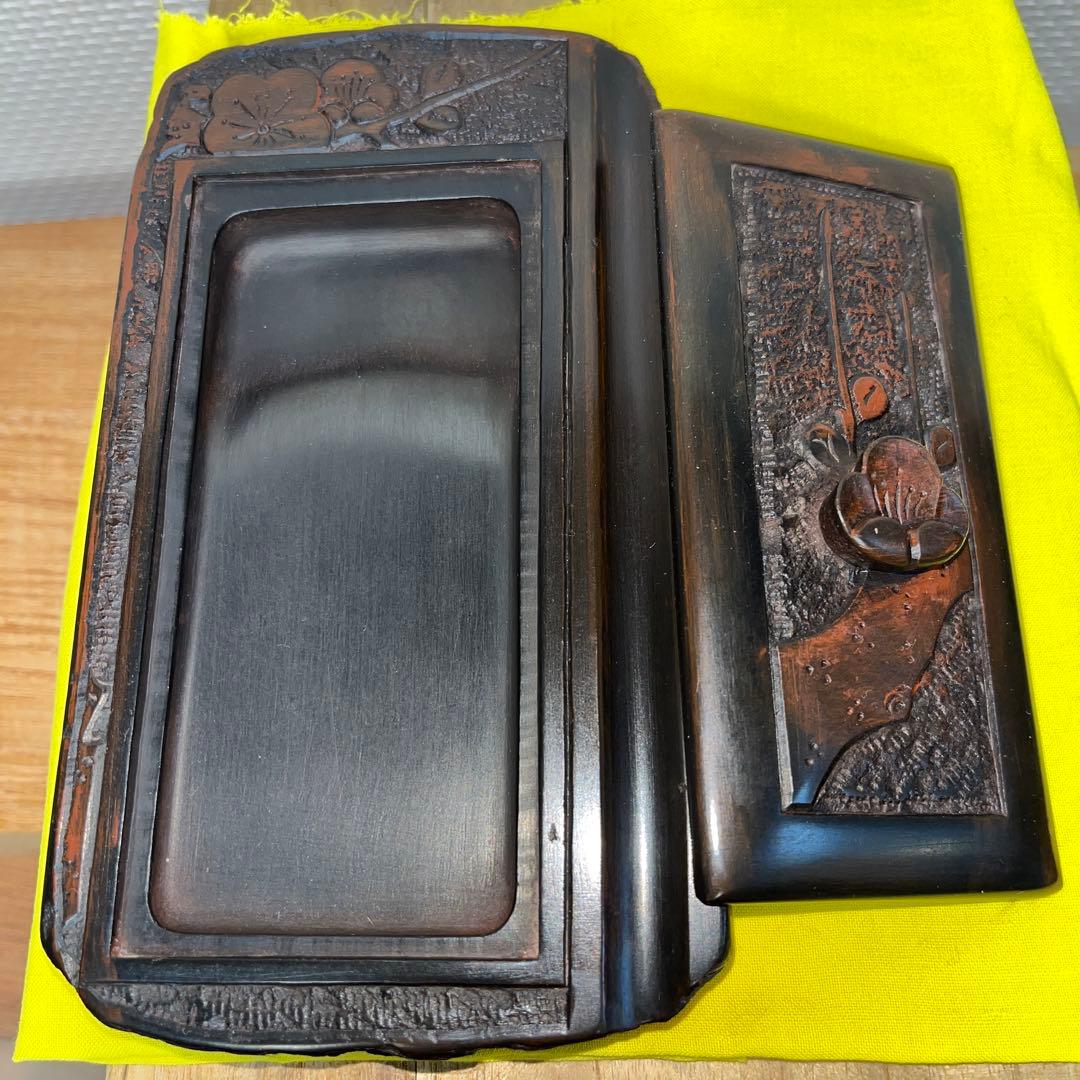 ⭕️赤間硯 共蓋付梅花彫刻硯 阿野硯製作所 龍泉作 美品 墨持ち良い