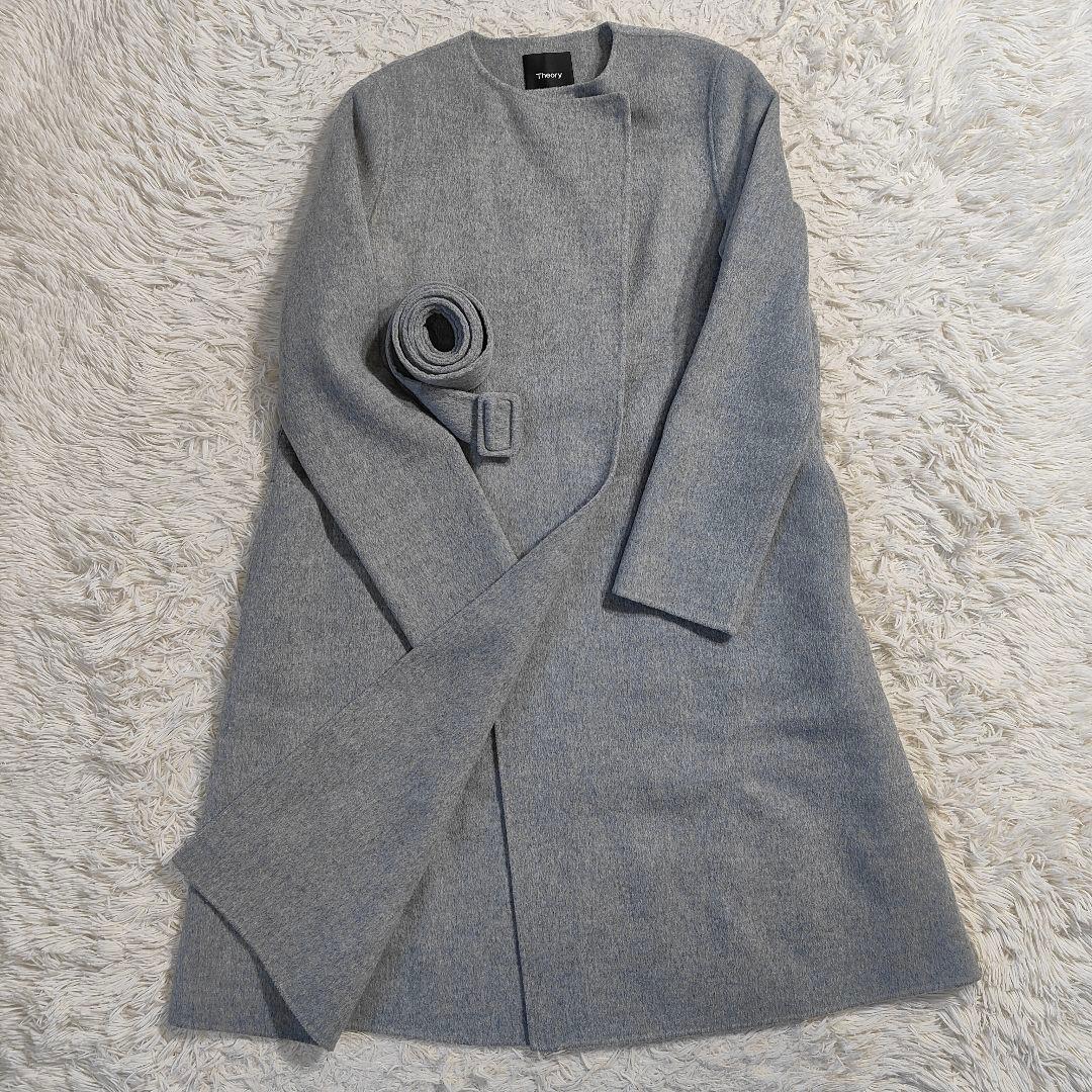 8万✨セオリー カシミヤ混 ノーカラーダブルフェイスロングコート