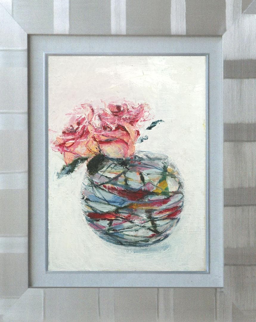 油絵 菅家令子 絵 絵画 インテリア 額付(銀) F4-070102 花 バラ 油絵 菅家令子 絵 絵画 インテリア 額付(銀) F4-070102 花 バラ