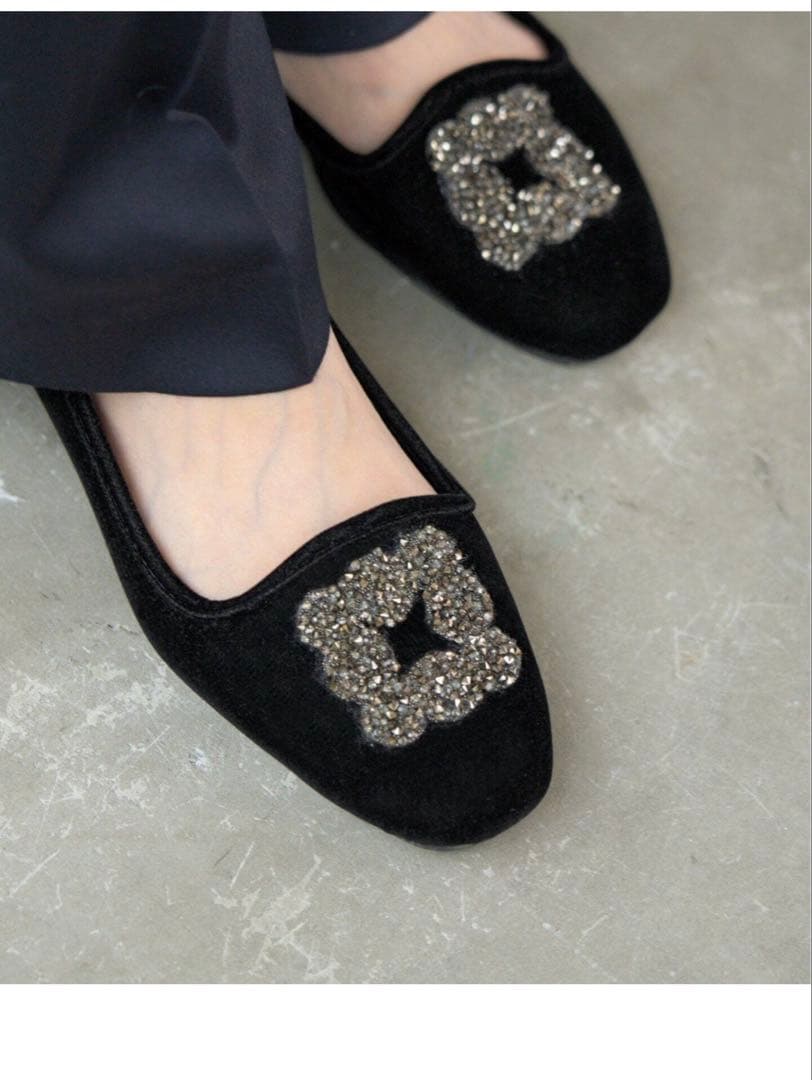 新品IENA MALUS/マリュス VELVET BIJOU SHOES WEB限定/追加》MALUS/マリュス VELVET BIJOU SHOES（フラットシューズ