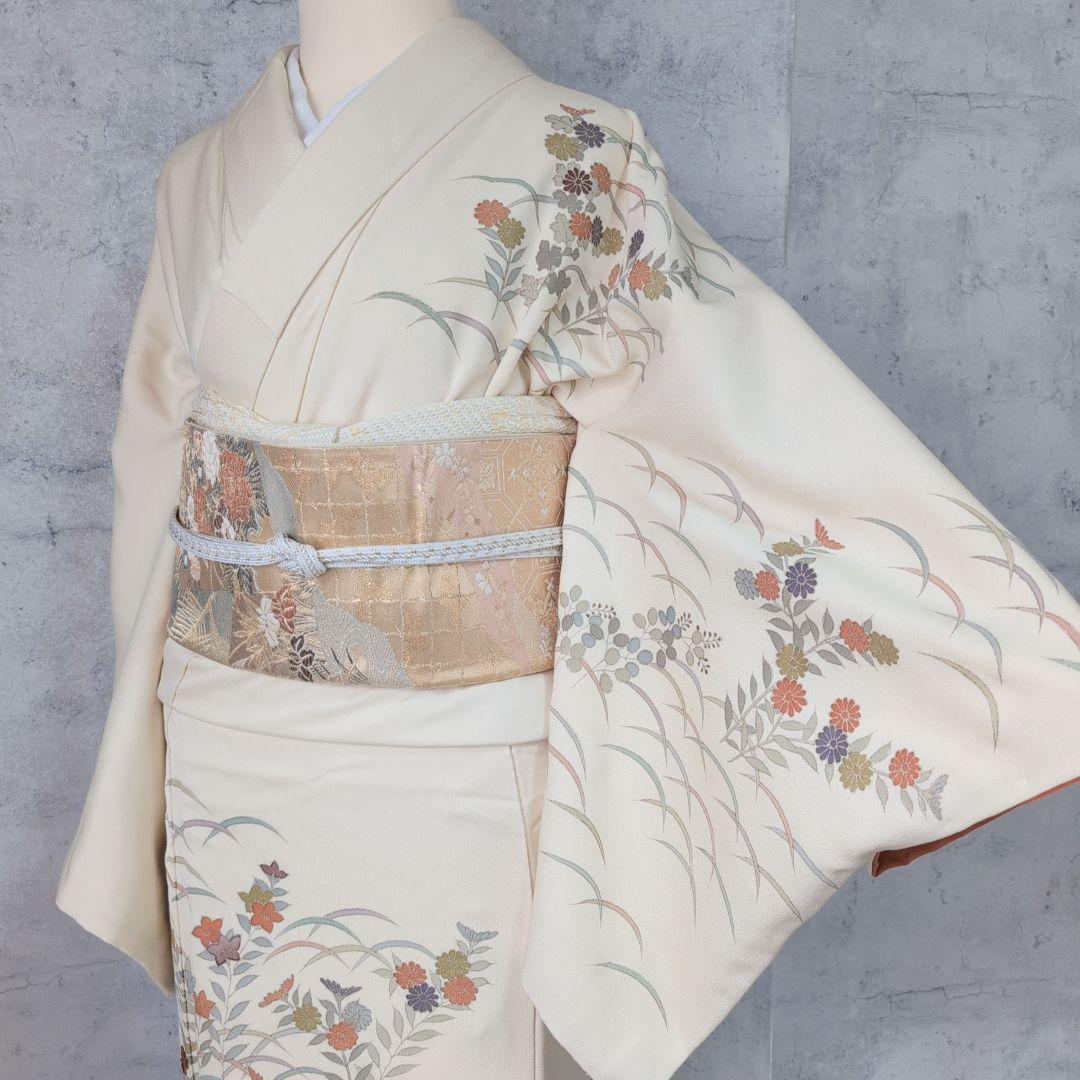 訪問着 フルセット 着物 正絹 花 刺繍 金彩加工 しつけ糸 祝い事 O9