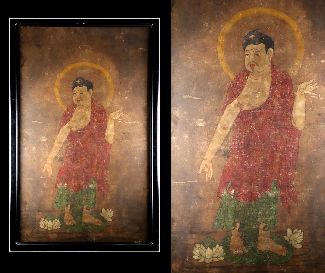 仏教美術 「阿弥陀如来図」 彩色 肉筆 60号 高麗仏画 時代古玩 唐物骨董 絹本著色阿弥陀如来像 文化遺産オンライン