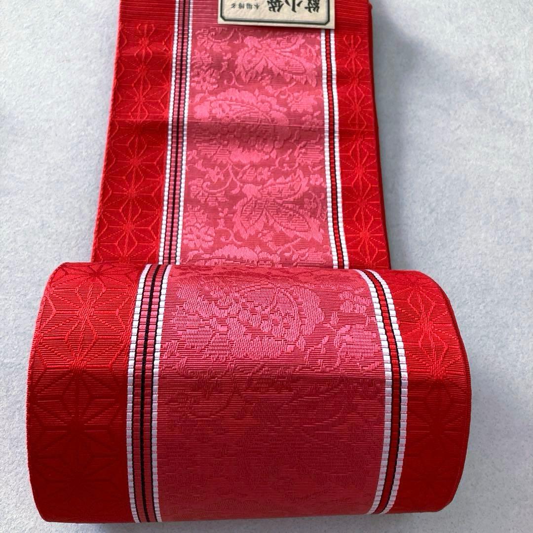 未使用　本場筑前博多織　半幅帯　織り出し縞模様・花模様　正絹　No.2-22