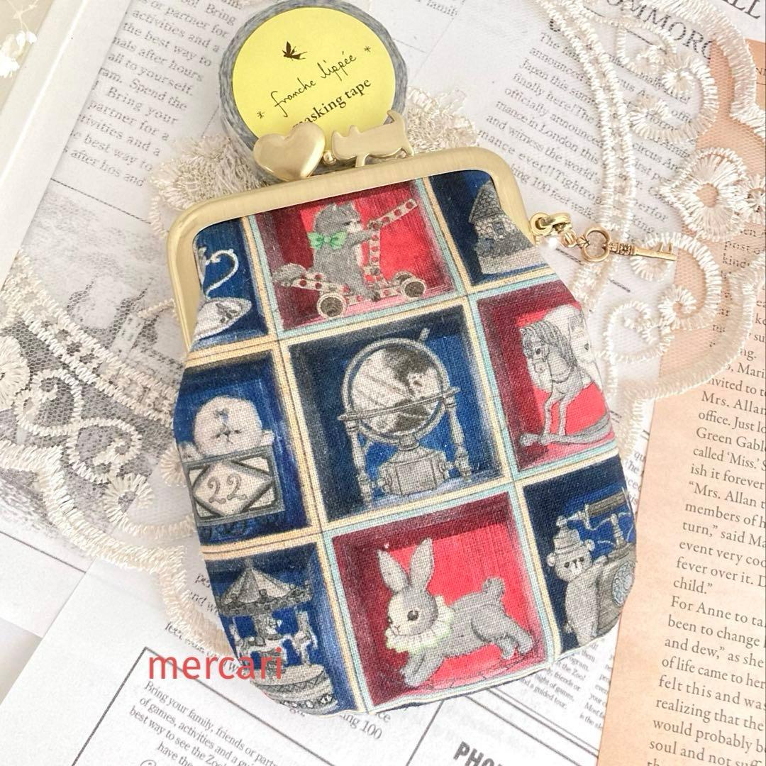 ユキエモンポーチTOYナイトボックス ハンドメイドポーチがま口猫柄navy