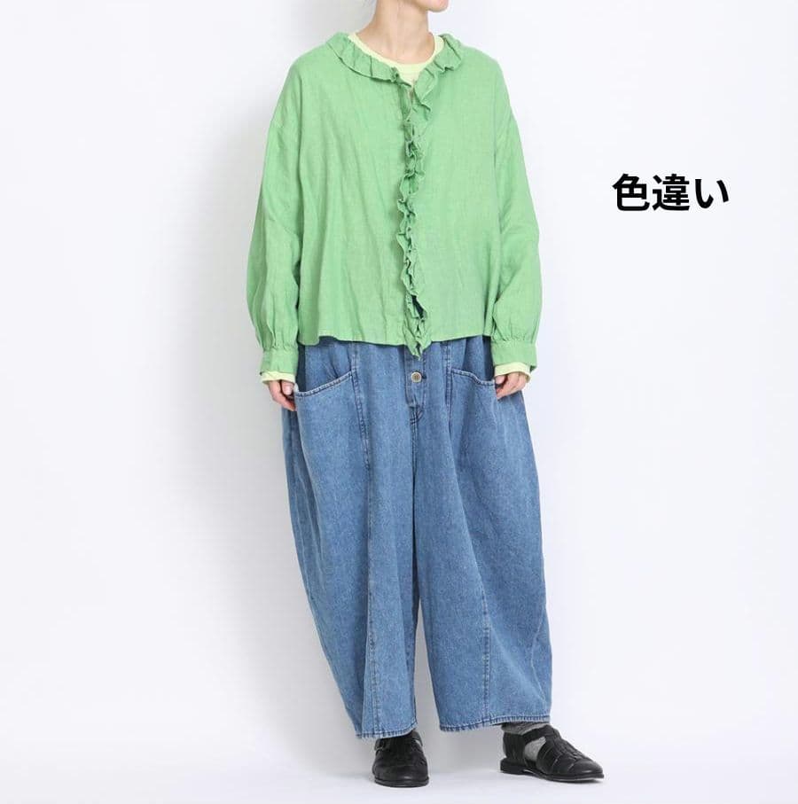 ツムグ／立体フリル リネンブラウス ライトブルー サックス 長袖