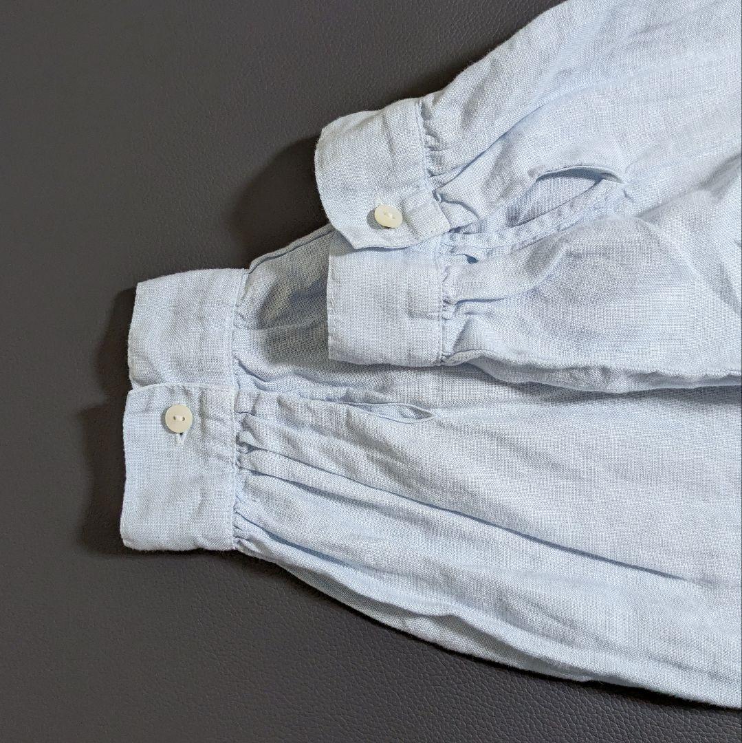 ツムグ／立体フリル リネンブラウス ライトブルー サックス 長袖