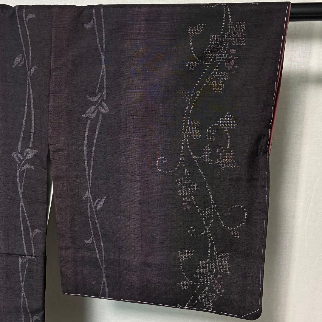 D10 本場結城紬 やまと 葡萄柄 濃紫系 正絹 着物 袷 しつけ糸未使用極