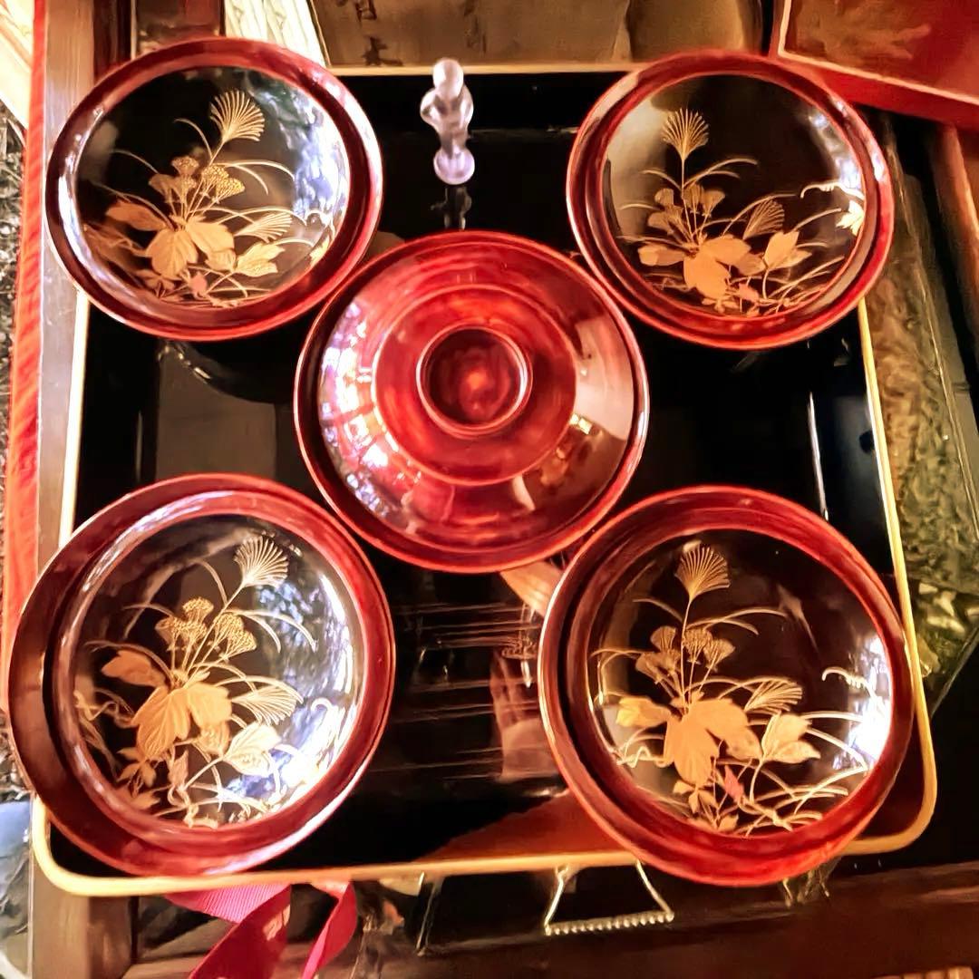 2244様感謝‼️感謝価格‼️超絶JAPAN蒔絵あけぼの❌黒 秋草蒔絵　茶懐石椀5客 漆】 蒔絵 オールデイ｜URUSHI MAKIE ALLDAY（鳥獣戯画 黒