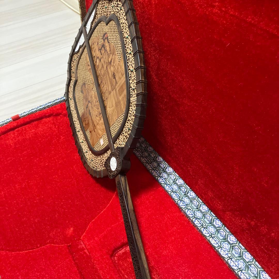 中国美術 唐木造 白檀透彫刻 翡翠 軍配型硯屏 団扇 唐物？