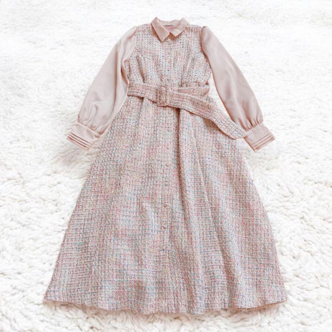 areeam ピンク系ミックスツイード長袖マキシワンピース 異素材 ベルト