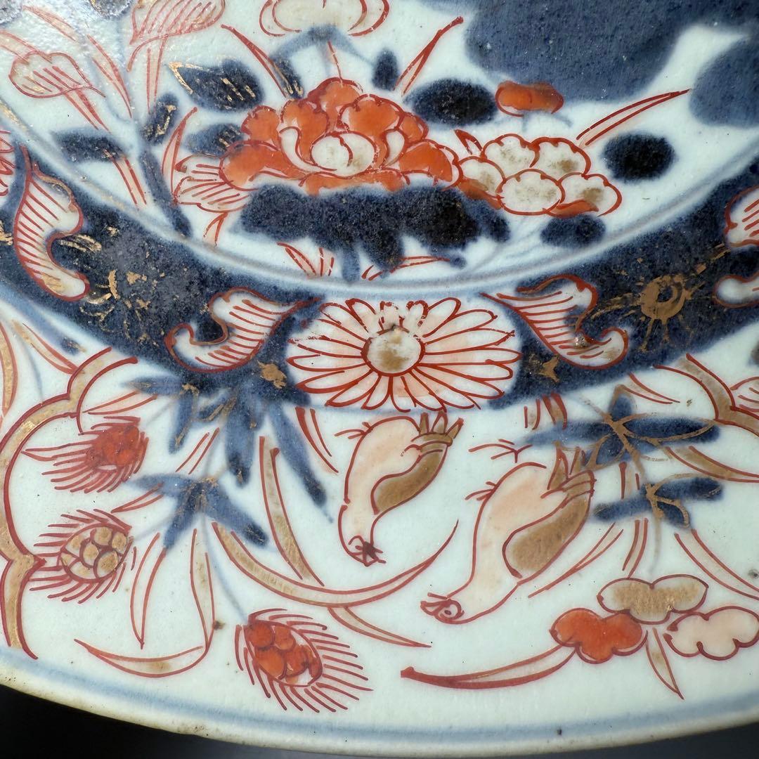 元禄伊万里 色絵花鳥図七寸皿 建築物 金蘭手 赤絵 裏椿文 状態◎ 蒐集
