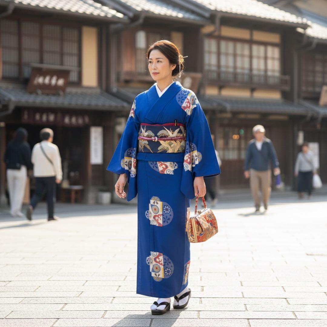 極美品】【銘仙】【単衣】身丈157 ロイヤルブルー 幾何学丸紋 トール