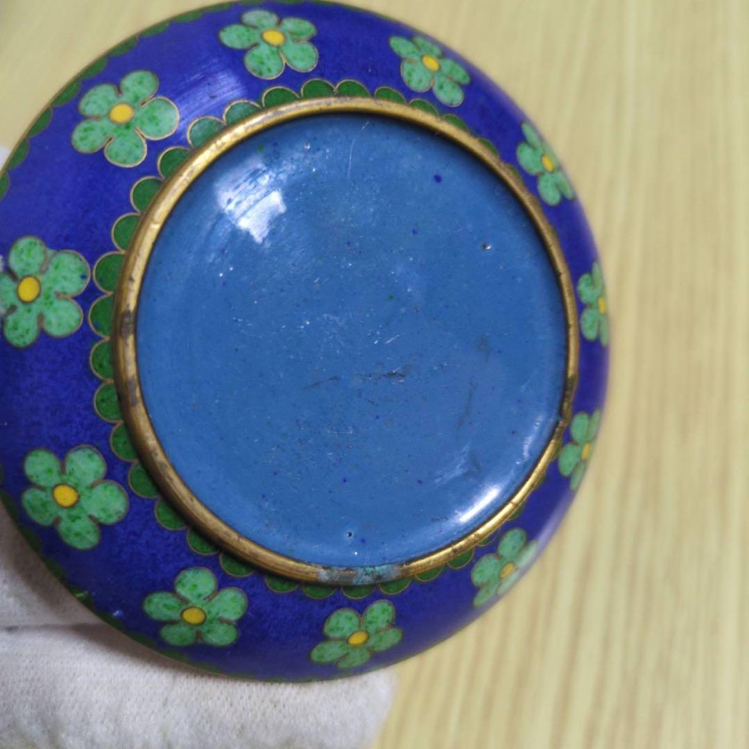 中国工芸】景泰藍 七宝焼き 合子 香合 花唐草 菊紋 ブルー
