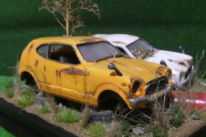 1/32 ホンダ Z GT・GSS 昭和レトロ風景 ジオラマ完成品 錆汚し加工
