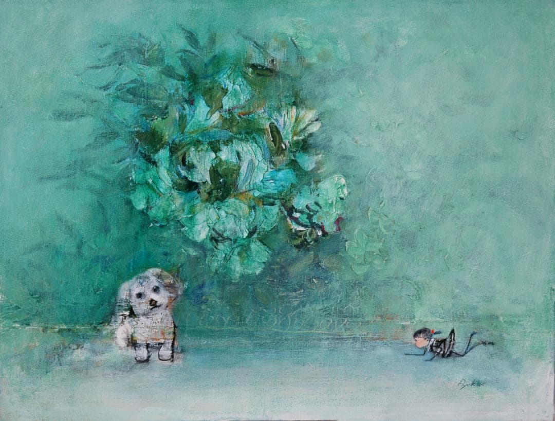 油絵 菅家令子 絵 絵画インテリア額付(青緑＋金色の枠) uF6-071719