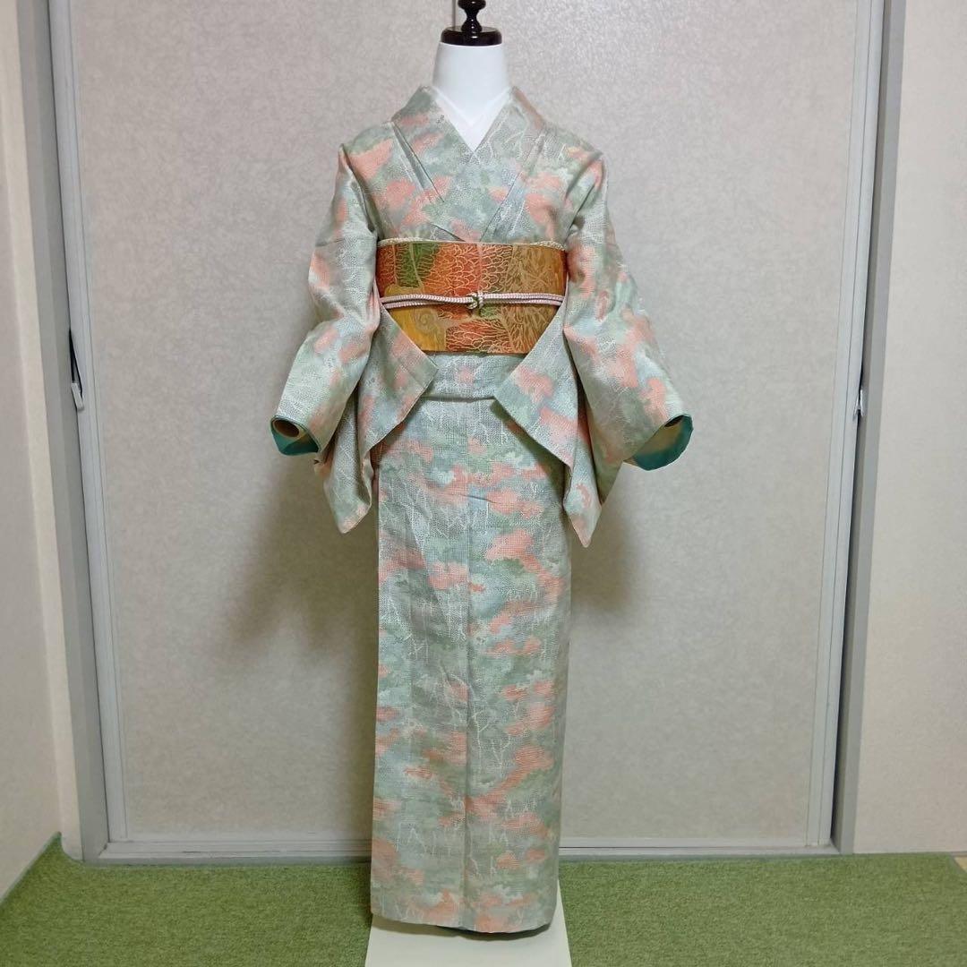 タ8879 未使用近い 美品 袷 紬 白紬 十日町紬系 小紋 正絹 フルセット