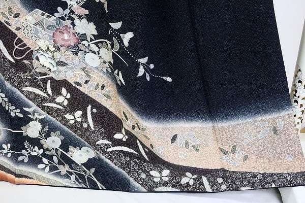 美品 訪問着 辻が花 墨黒 たたき地 袷 身丈166.0cm トールサイズ 正絹