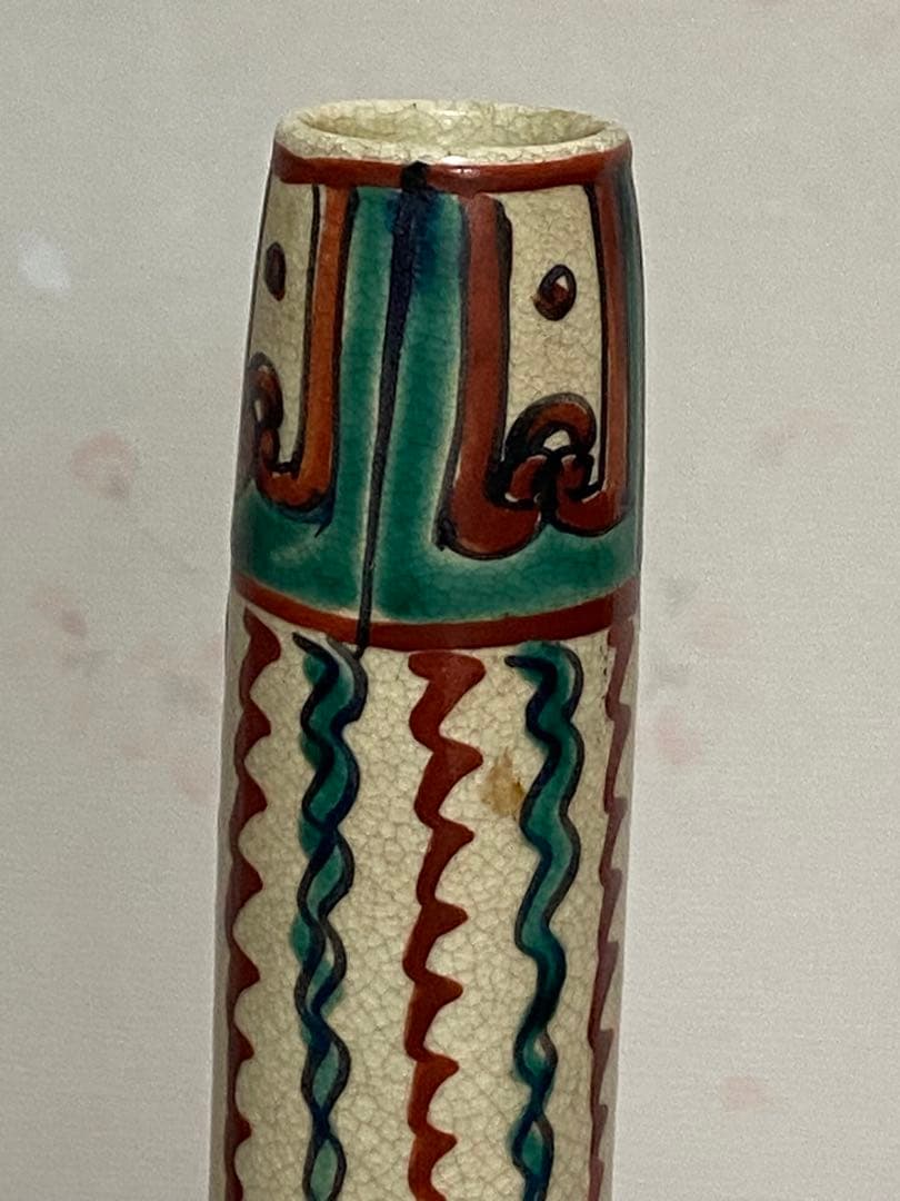 ♢赤絵 赤玉 瓔珞 鋸歯 紋様 鶴首瓶 徳利 九谷焼 越中八尾 大正時代