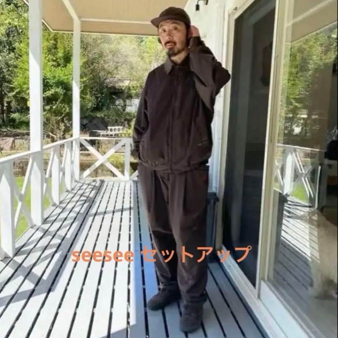 seesee ブラウン ナイロンジャケット セットアップ シングルノーカラージャケットセットアップ（裏地チェック）