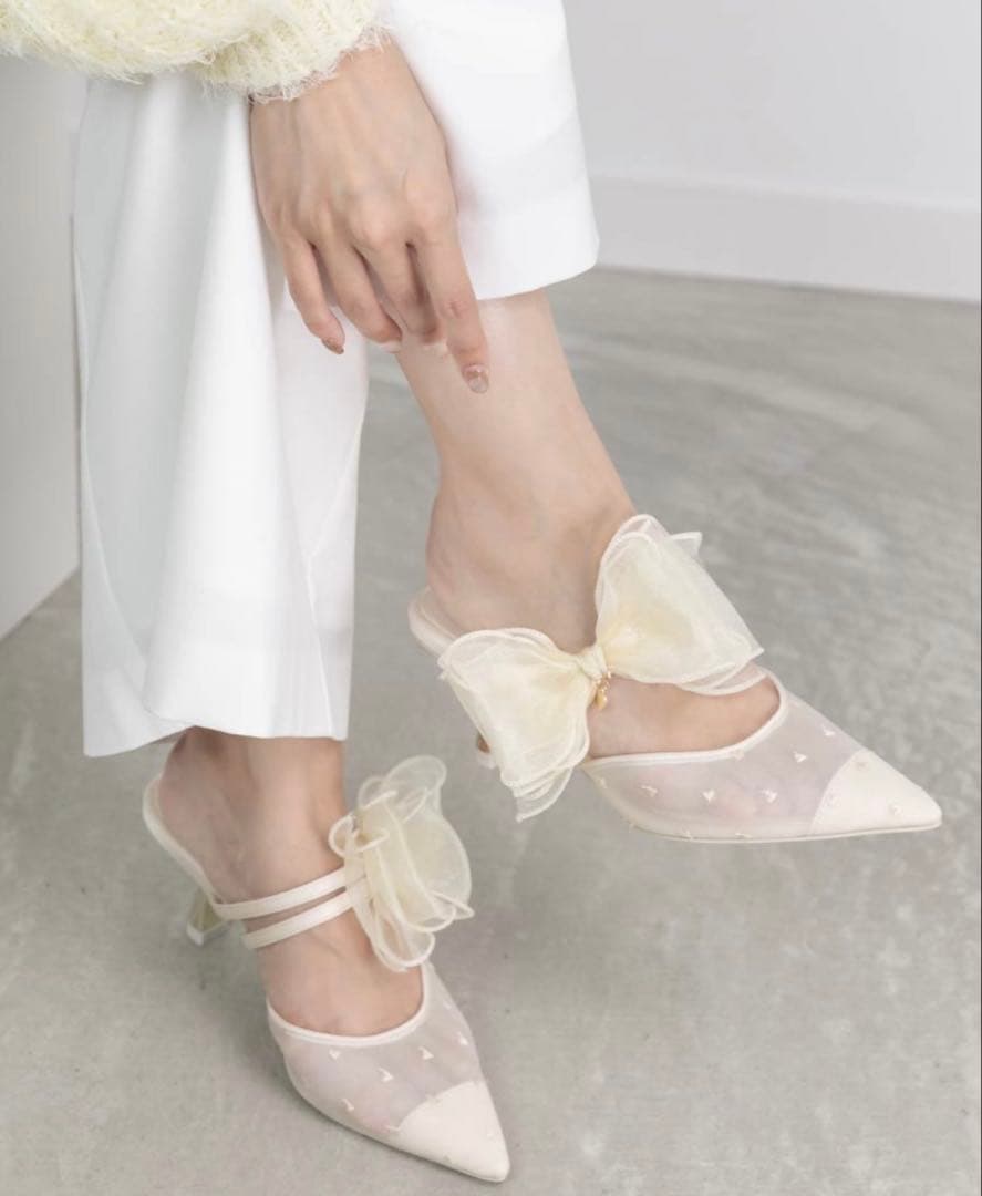 RANDA シフォンリボンハートミュールパンプス アイボリー　Lサイズ HEART COLLECTION】シフォンリボンハートミュールパンプスRANDA公式サイト