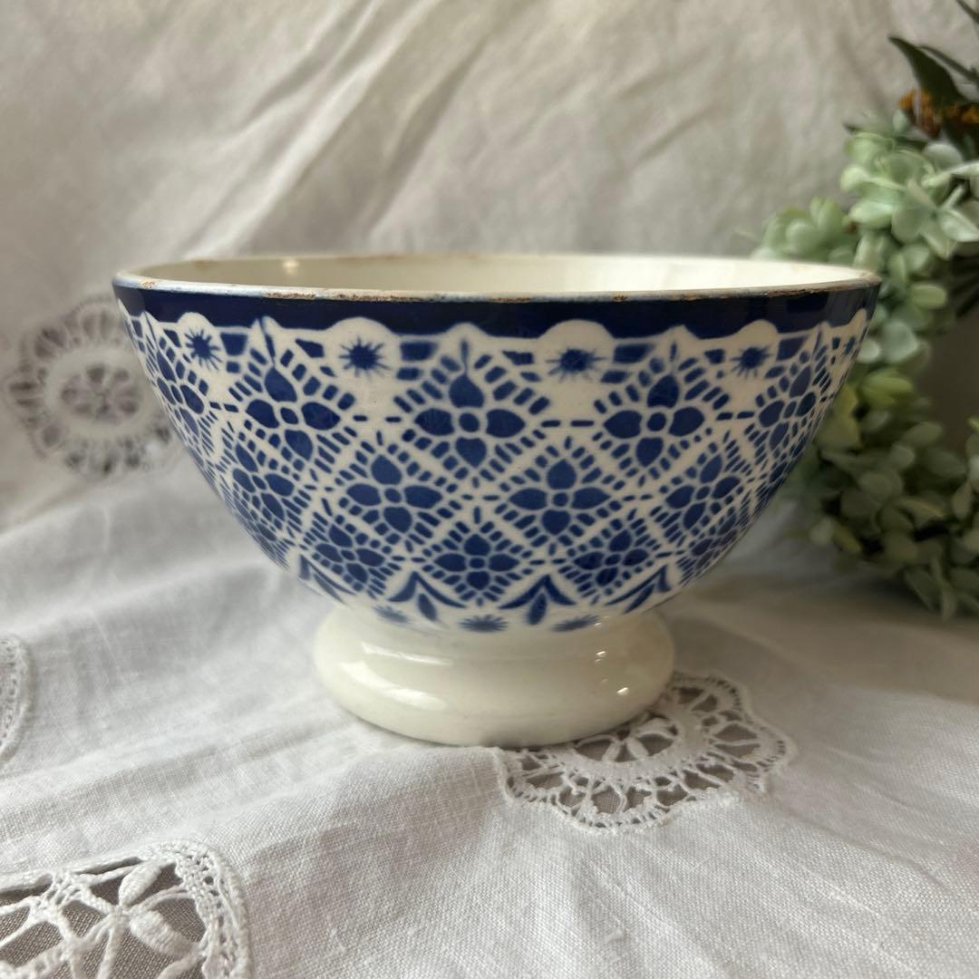 希少】モロッコ柄 レース柄 青色カフェオレボウル フランス