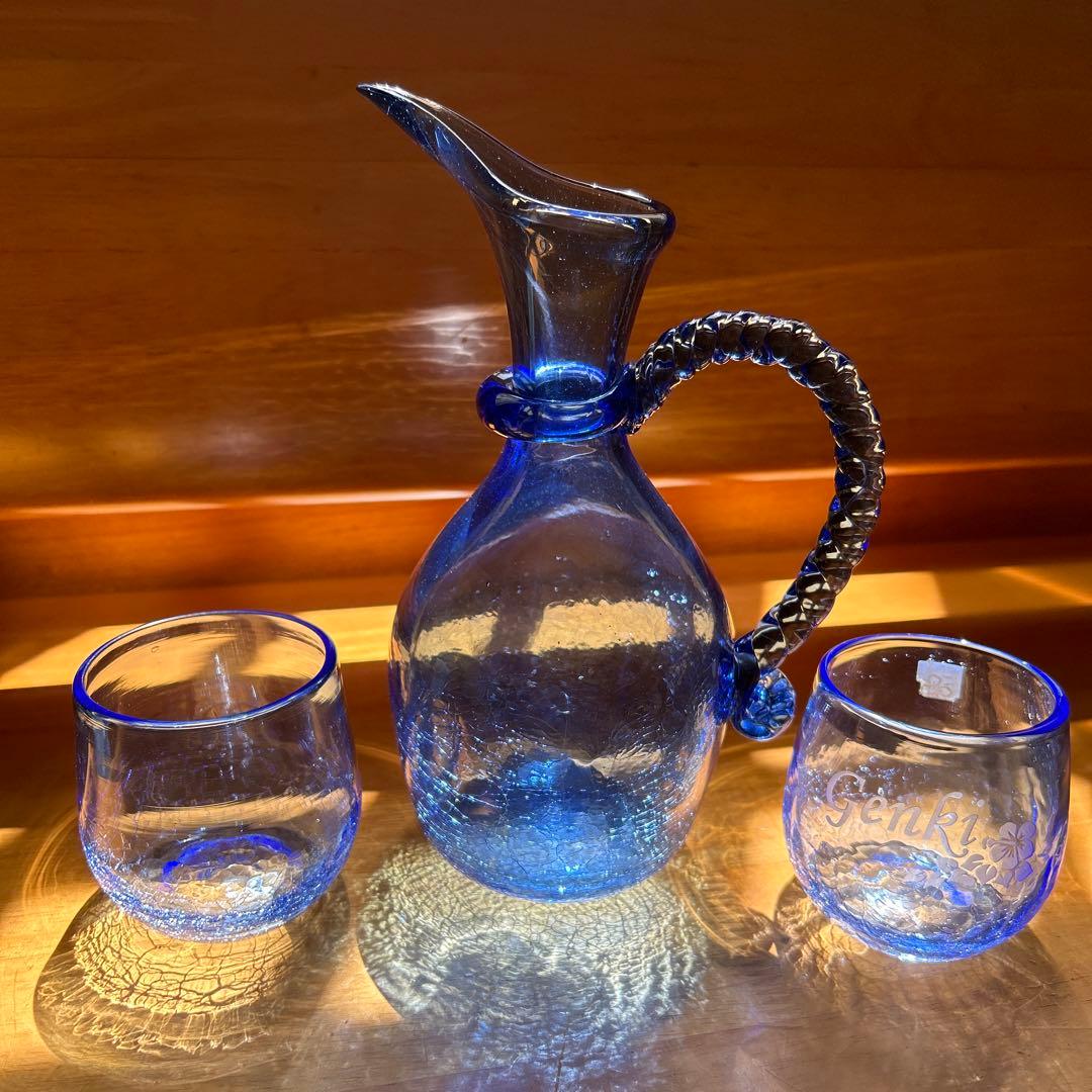 琉球ガラス デキャンタ 青いガラス製 ピッチャーとグラスセット - メルカリ